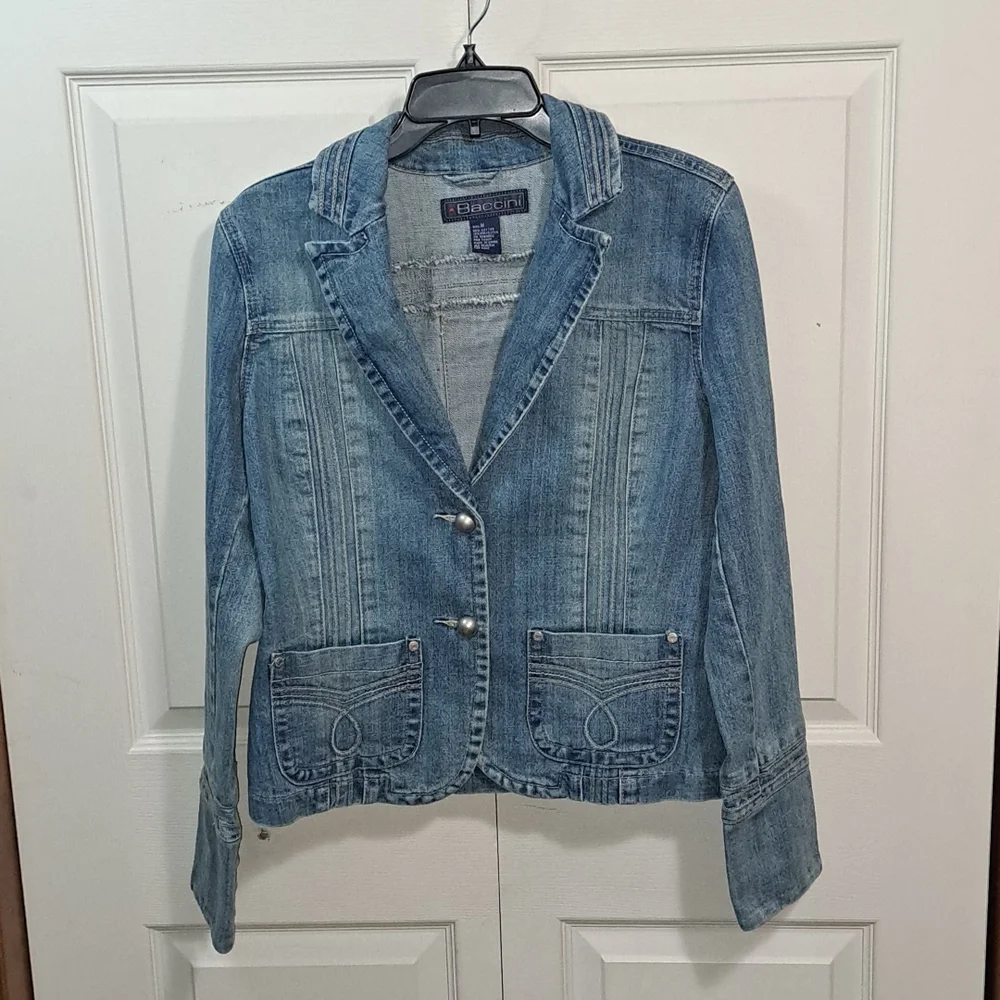 Vintage Baccini fitted jean denim jacket - Med - embroidered v-neck button-up